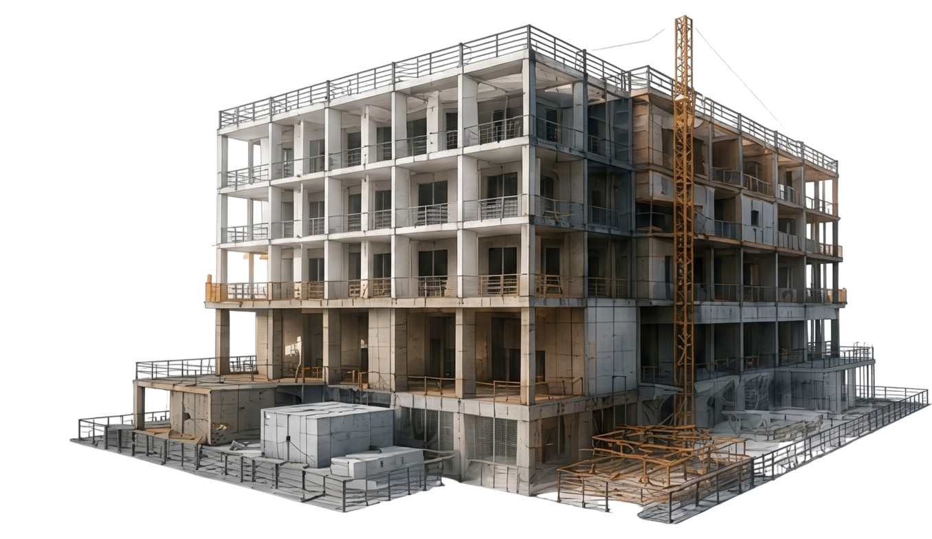Construction project with structure, MEP, finishing and foundation work progress