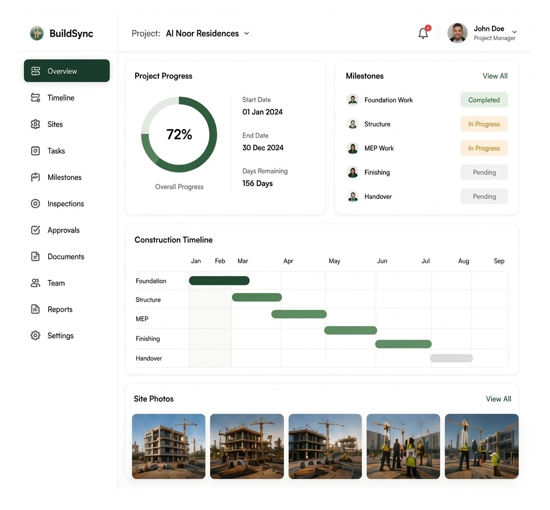 PropMate construction dashboard with project progress, milestones and site photos