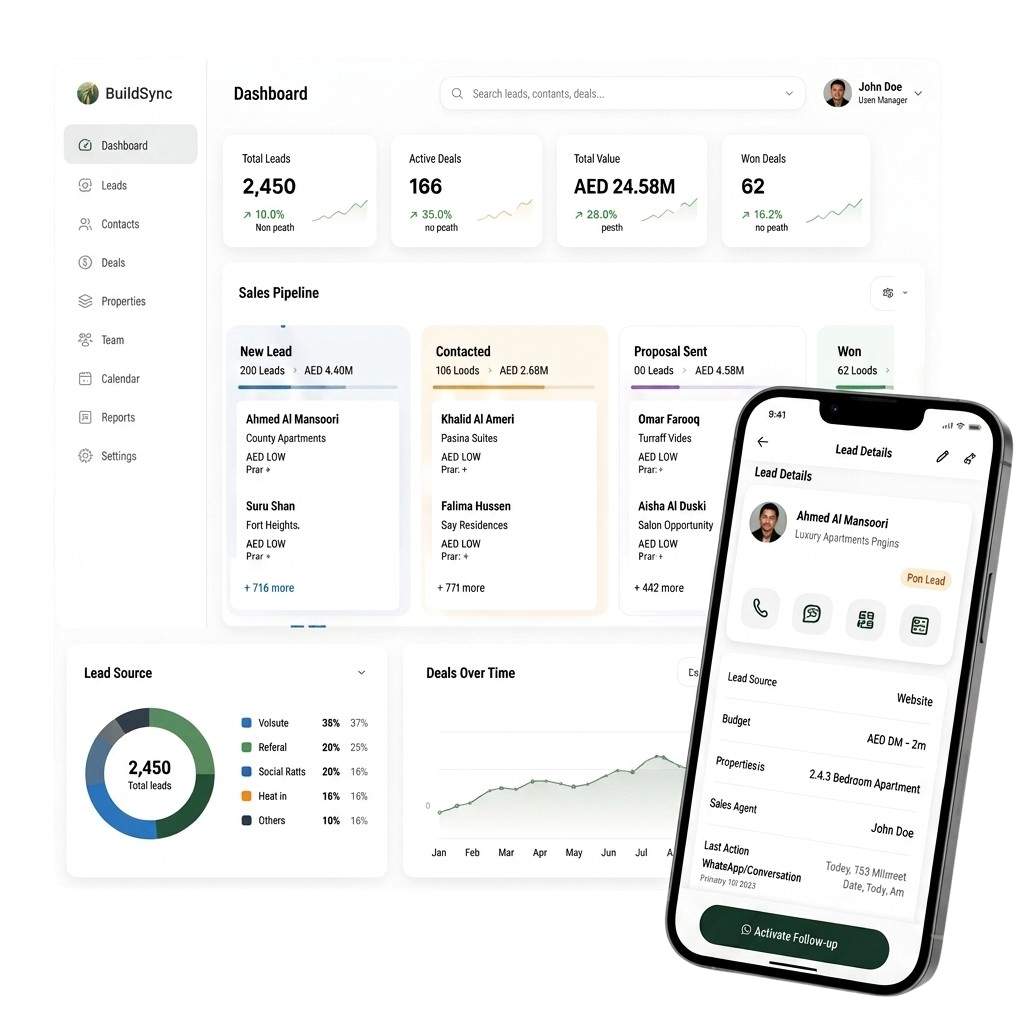 PropMate CRM dashboard and mobile app